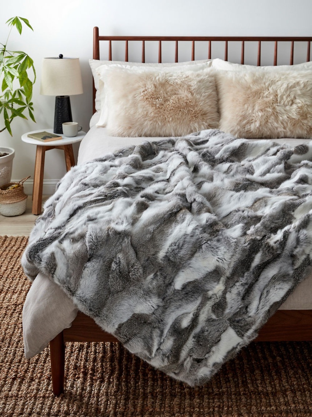 Overland Plush Rabbit Fur Throw Blanket - Gray & White